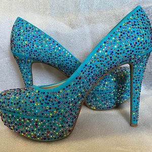 Gianna Bini Turquoise Blue Platform High Heels Pumps Sz 6.5 Crystals Rhinestones